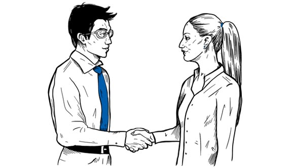 Zeichnung einer Frau und eines Mannes in Business-Kleidung, die sich die Hand geben. 