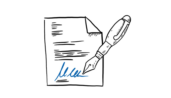 Zeichnung eines beschrifteten Dokuments auf dem ein Füller eine blaue Unterschrift abgibt.