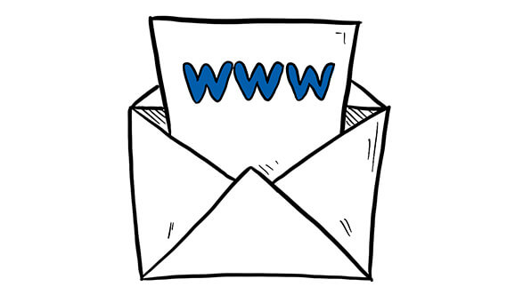 Zeichnung eines Briefumschlages mit einem Bewerbungs-Dokument auf dem in blauer Schrift www steht.